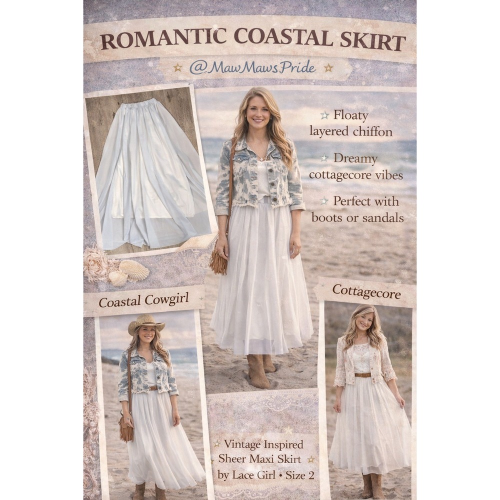 Lace Girl Romantic Coastal Light Blue Chiffon Maxi Skirt Cottagecore Size 2